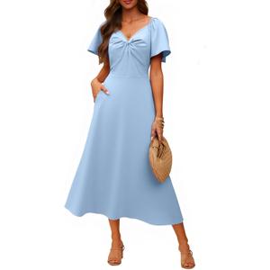 ECOWISH Women's Summer Maxi Dresses: 2026 Casual Flutter Short Sleeve Twist Front Long Flowy Wedding Guest Dress with Pockets (Large, 482sky Blue)
