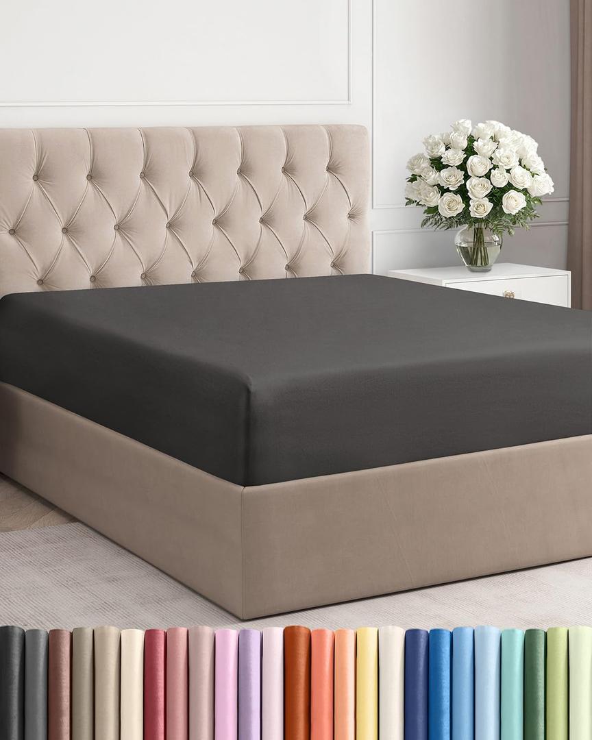 Full Fitted Bed Sheet - Bottom Single Fitted Sheet Only - Ultra-Soft Hotel Luxury Bedding w/ 8-16 Inch Deep Pockets - Breathable, Cooling & Wrinkle Free - Easy-Fit, Fade & Shrink Resistant - Charcoal
