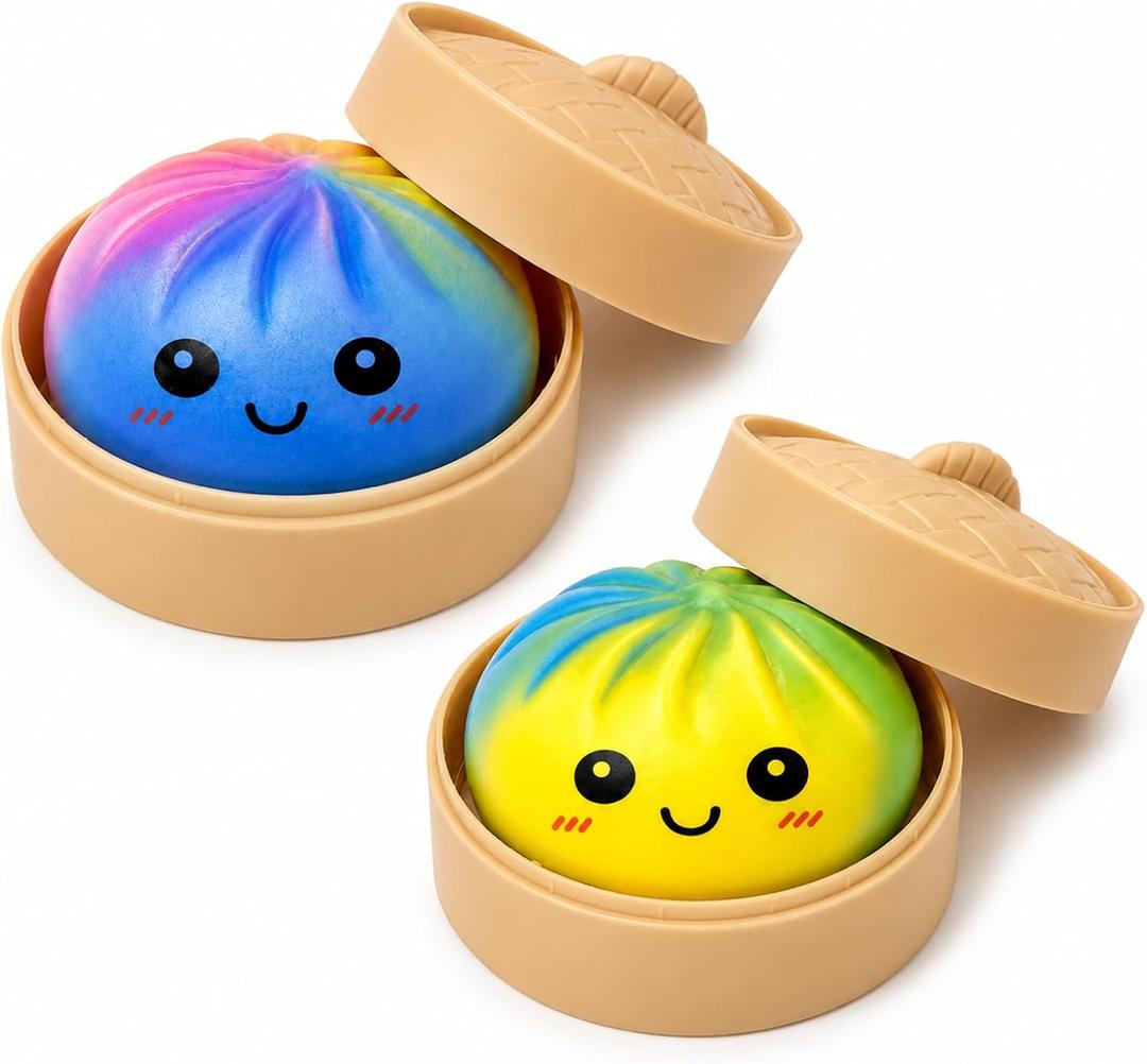 2PCS Rainbow Dumpling Squishies Stress Balls, Colorful Squishies Dumpling Fidget Sensory Toy with Food Steamer, Squeeze Dough Ball for Stress Relief, Stretchy Desk Toys Gift