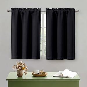 OWENIE Black Kitchen Curtains 36 Inch Length, Short Blackout Small Thermal Insulated Cafe Curtains Tier Over Sink Rod Pocket Half Window for Bathroom Bedroom Camper RV Bunk, 2 Panels, Each 30" Wx36 L