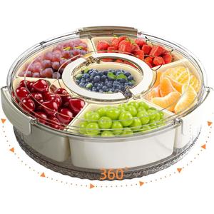 Divided Serving Tray with Lid and Handle, Portable Snackle Box Container for Fruits Snacks Charcuterie Organizer, Spinning Rounded Veggie Tray for Kitchen, Party, Travel and Picnic (6 Compartments)
