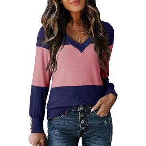 Dokotoo Womens Long Sleeve Tops V Neck Color Block Pullover Casual Sweater | Knit Tops Dressy Casual Work Officewear, Trendy Soft Cute Sweaters, Teacher Shirt, Fall Fashion 2026 Winter Clothes (Blue, XL)