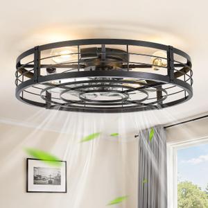 LEDIARY 26" Caged Ceiling Fan with Light and Remote, Low Profile Flush Mount Fandelier, Black Bladeless Enclosed Small Fan Lights Ceiling Fixtures, Rustic Farmhouse Style for Bedroom, Outdoor