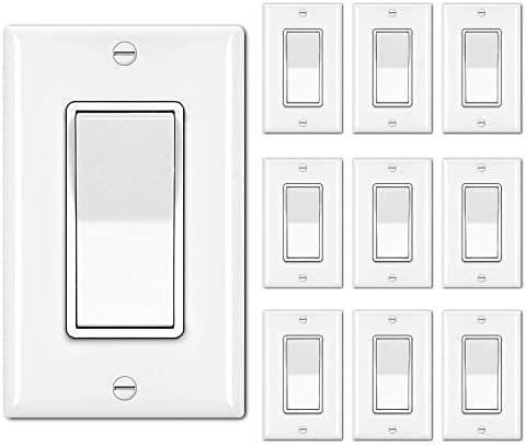 BESTTEN 10 Pack Single Pole Decorator Light Switch with Wallplate, 15A 120/277V, Rocker Paddle Wall Switch, On/Off Interrupter for LED and Other Lamps
