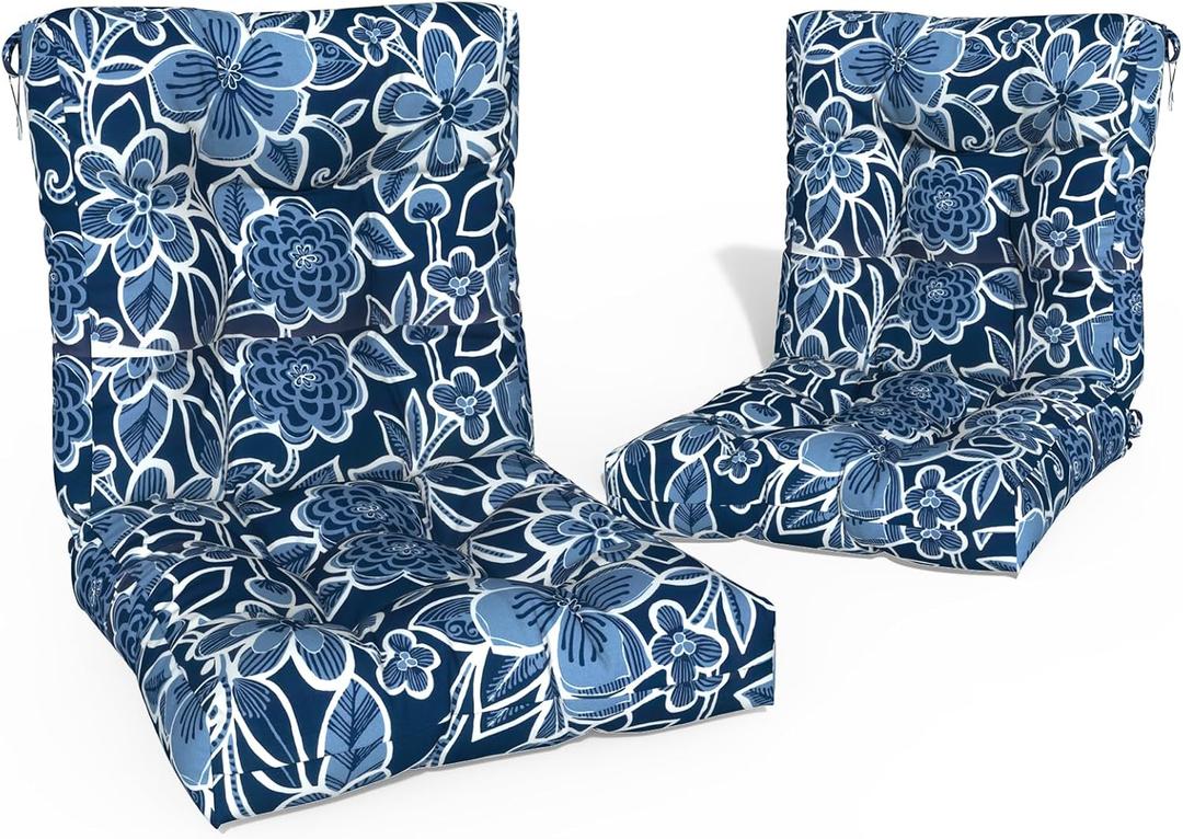 Outdoor Chair Cushions, Tufted Back Patio Furniture Cushions Set of 2, Water Repellent Wicker High Back Chair Cushion for Home Garden Lounge Deep Chairs, 42x21x4 Inch, Flower Navy