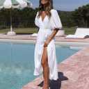 MessBebe Women's 2024 Summer Maxi Dress Puffy Sleeve V Neck Boho Party Beach Tiered Ruffle Flowy Long Smocked Dresses White (White, XL)