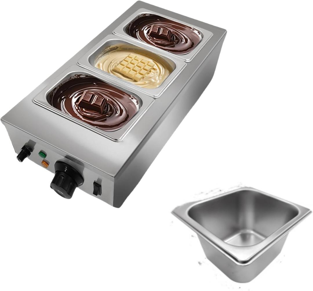 3 Tanks Chocolate Melting Machine Commercial,Chocolate Tempering Machine with Lid, Stainless Steel Electric Chocolate Melting Pot for Cheese, Chocolate, 1200 W (Silver)