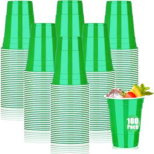 100 Pack Green Plastic Cups 16 oz, Disposable Cups for St Patrick's Day, Heavy Duty Drinking Cups, Graduation Cup for Wedding Christmas Beer Taste Serving Snack Sample Tastings Barbecues