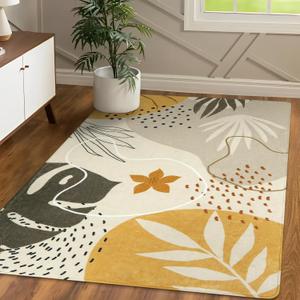 LLahome Boho 3x5 Washable Area Rug - Small Non-Slip Low-Profile Soft Rugs for Bedroom Living Room, Ultra-Thin Botanical Print Indoor Modern Carpet for Entryway Laundry Room Kitchen Office, Tan (3' x 5')