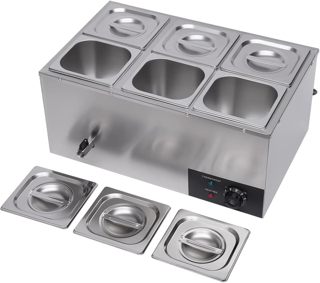 6 Pan Commercial Food Warmer Countertop with Lids, Electric Food Warmer Steam Table, 600W Professional Buffet Servers and Warmers Stainless Steel Buffet Bain Marie with 86-185F Temp Control