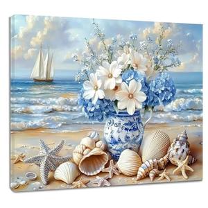 RASEONG Blue Ocean Floral Wall Art, Summer Seashell and Starfish Coastal Painting for Living Room or Bathroom, Framed Home Decor, 24W x 16L Inches(2 Pack)