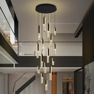 Long Spiral Crystal ChandelierModern High Ceiling Chandelier Lighting for Foyer 16-Light Black Staircase Ceiling Light D24inxH138in