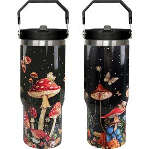 30oz Mushroom Tumbler with Handle and Straw, Mushroom Insulated Leak Proof Travel Coffee Mug, Reusable Stainless Steel Tumbler for Mushroom Lovers, Mushroom Gifts for Women (black red)