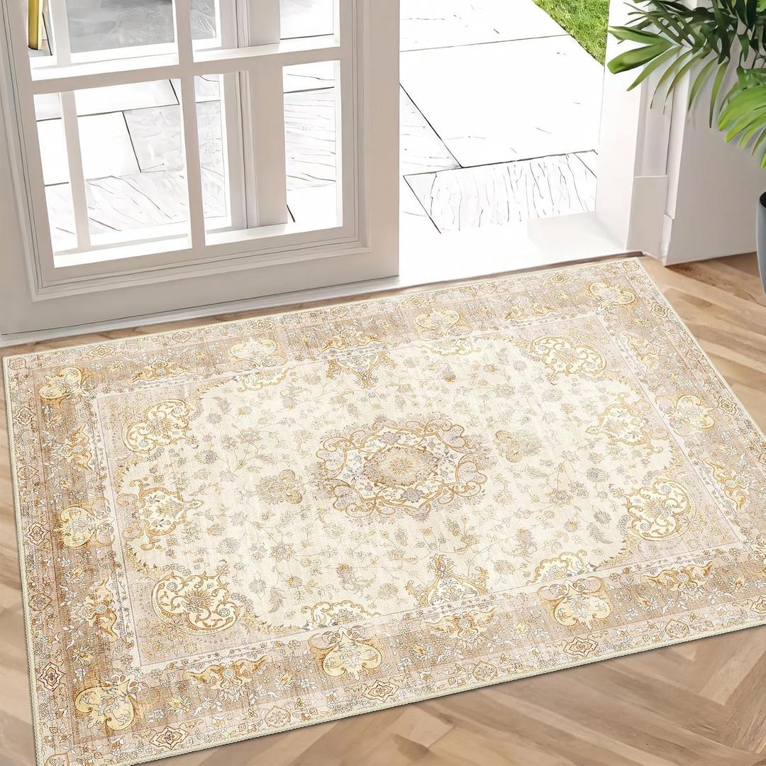 Small Rugs 2'x3',Boho Rug for Entryway Bathroom Kitchen Entrance Doormat,Vintage Bohemian Distressed Washable Accent Indoor Mat Floor Throw Carpet Non Slip,Beige Gold Floral