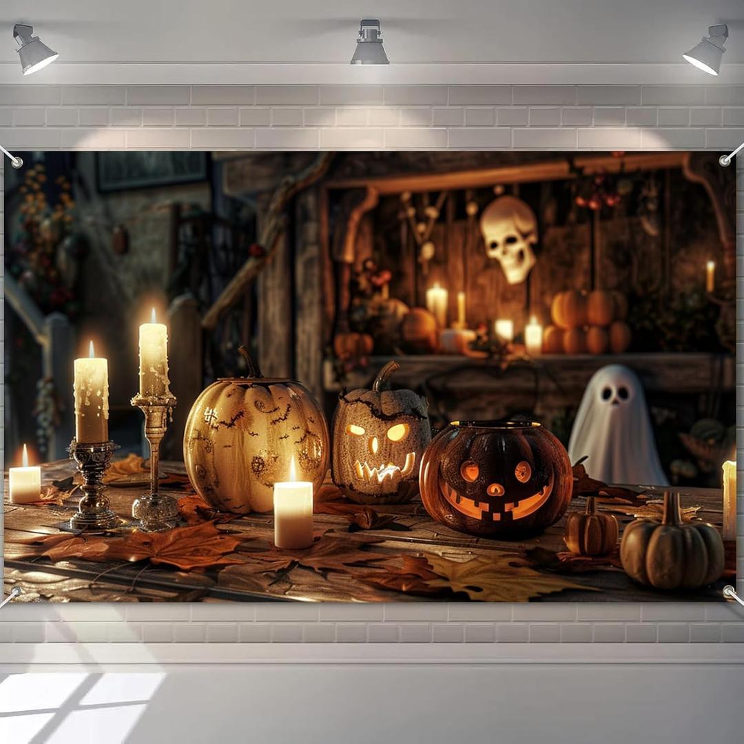 Halloween Banner 71x43 Inch Rustic Pumpkin Backdrop Banner with Candles and Ghost Scene Trick or Treat Sign for Indoor Wall or Porch Halloween Decorations Outdoor with Hooks and Rope