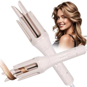 Automatic Curling Iron, 1.25 Inch Hair Curler with 4 Temp. Options, 10S Fast Heating, 2-Way Rotation, 30 Min Auto Shut-Off, Anti-Scald-Tangle for Long Hair, Dual Voltage for Travel (Khaki)