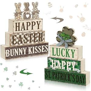 Yousoontic 7 Pcs Interchangeable St. Patrick's Day Table Decor Double Side Wooden Easter Tabletop Centerpieces Rustic Shamrocks Bunny Table Signs Decorations for Irish Easter Home Office Party