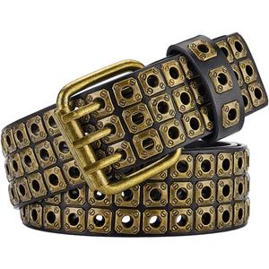 3 Row Studded Belts Punk Hip Hop Personalized Faux Leather Belts For Jeans Pants (Gold)