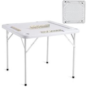 VEVOR Mahjong Table, Square 4 Player Folding Card Table with 4 Cup Holders & 4 Chip Trays, Portable Domino Game Table with 1 Set of Dominoes for Mahjong Poker Puzzles, 35.4 x 35.4-inch, White