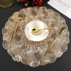 Gold Round Placemats for Dining Table Set of 6 Pressed Vinyl Metallic Place Mats Table Mats for Wedding Anniversary Party Decorations (Floral Sea Gold)