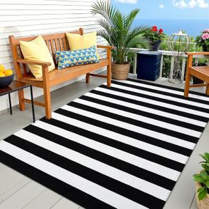 OLANLY Black and White Striped Rug 5' x 7'  Washable Cotton Indoor Outdoor Doormat for Front Door, Entryway, Kitchen, Porch, Patio Decor