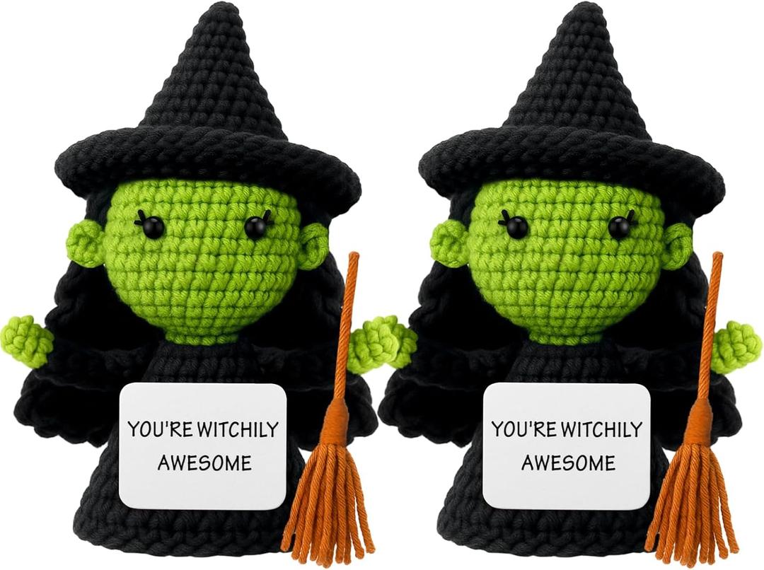 2 Pcs Pink and Green Witch Themed Crochet Doll, 5.9 Inch Positive Knitted Witch Gifts, Emotion Support Handmade Inspirational Crochet Dolls for Halloween, Pink and Green Party Decor