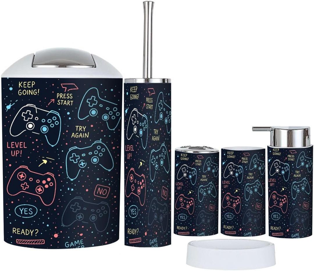 Bathroom Accessory Set 6 Piece Seamless joysticks Gamepad Slogan Text for Prints Other uses Toothbrush Holder, Toothbrush Cup, Soap Dispenser, Soap Dish, Toilet Brush Holder, Trash can (Multi1)