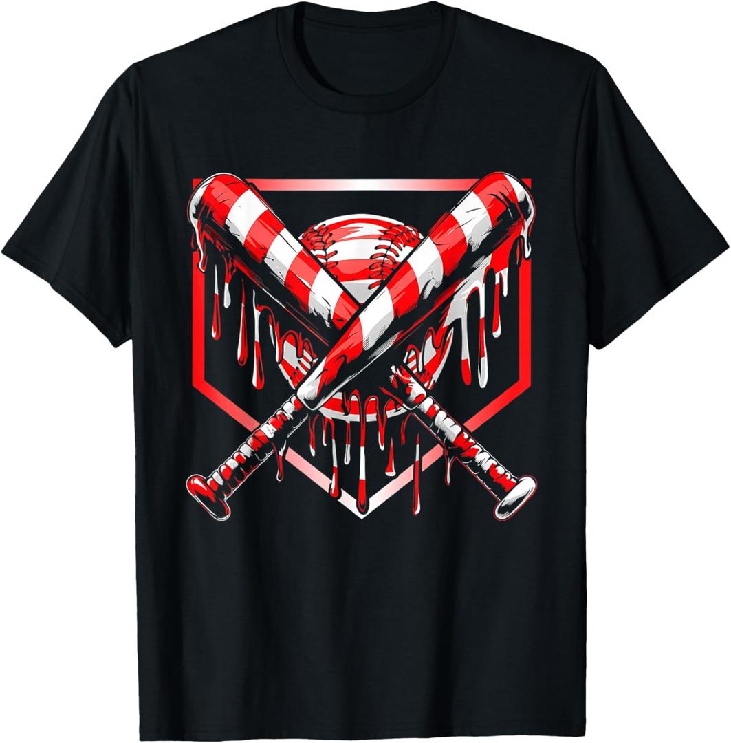 Baseball Candy Cane Christmas Baseball Ice Cream Drip Boys T-Shirt, S