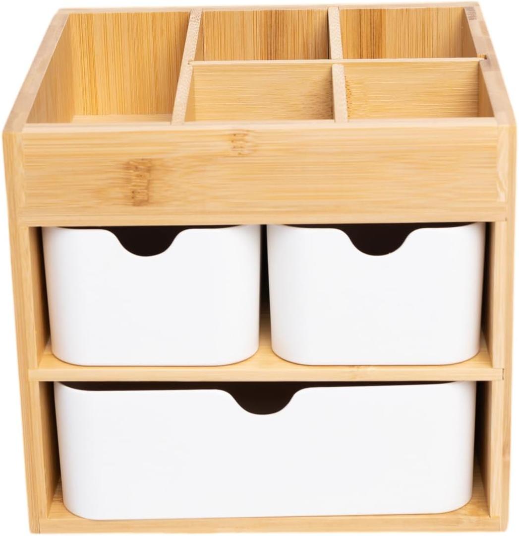 Bamboo Makeup Organizer with 3 Drawers, Dresser Cosmetic Organizer Box,Bamboo Desk Organizer for Home with Adjustable Dividers