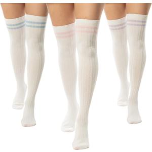 Thigh-High Socks | Womens Striped Cotton Thigh High Tube Sock | Over Knee Boot Socks (5-11, White W Pastel Stripes)