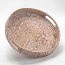 Round Rattan Serving Tray Decorative Woven Ottoman Trays with Handles for Coffee Table White (Small 11.8 inch x 2 inch)