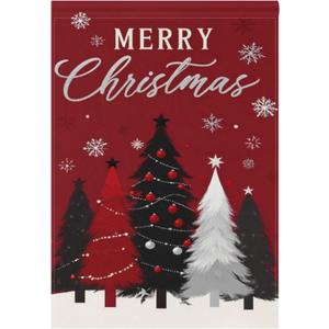 Merry Christmas Tree Red House Flag 28x40 Inch Double Sided Outside Winter Silver Snowflake Xmas Bells Seasonal Yard Outdoor Flag Banner for Garden Lawn Patio Holiday Decorations