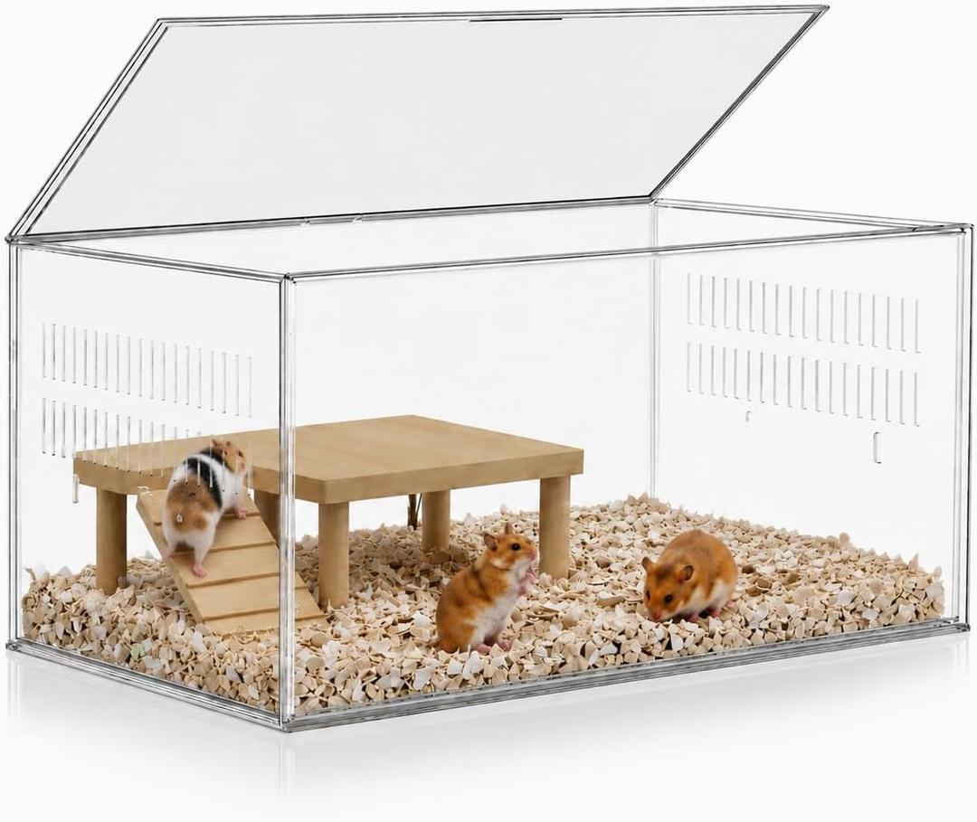 STILLCOVE Transparent Hamster Cage with Platform: 2-Tier Small Animal Cage | Wooden Platform & Ramp, Clear PET Guinea Pig House, Rat Enclosure, Mouse Tank, Pet Habitat for Hedgehog Gerbil Rodent