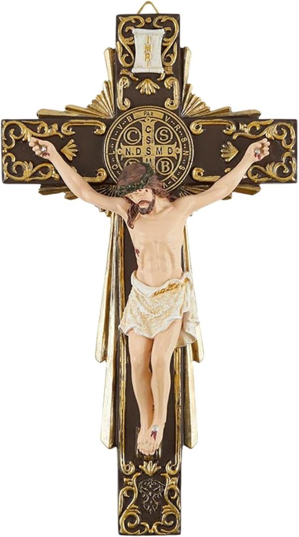 Needzo Handcrafted Highly Detailed Crucifix Wall Cross with St. Benedict of Nursia Medal, Catholic Hanging Home Decor for Indoor Decoration, Housewarming Gifts for Christian Men/Women, 11.75 Inches