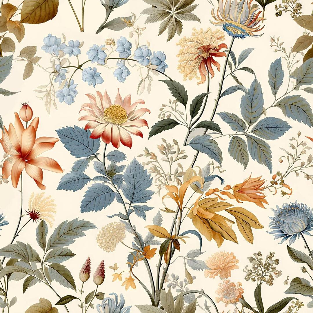 Peel and Stick Colorful Moody Vintage Contact Paper Removable Botanical Leaf Floral Wallpaper 17.7" x 118.11" Wall Paper Self Adhesive for Classroom Bedroom Laundry Room Bathroom