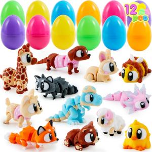JOYIN 12 Pcs Prefilled Easter Eggs with 3D Printed Toys, Cute Mini Animal Toys with Big Eyes for Basket Stuffers, Party Favor for Boys & Girls, Stuffed Easter Egg Hunt, Class Prize Supplies, Kids Gift