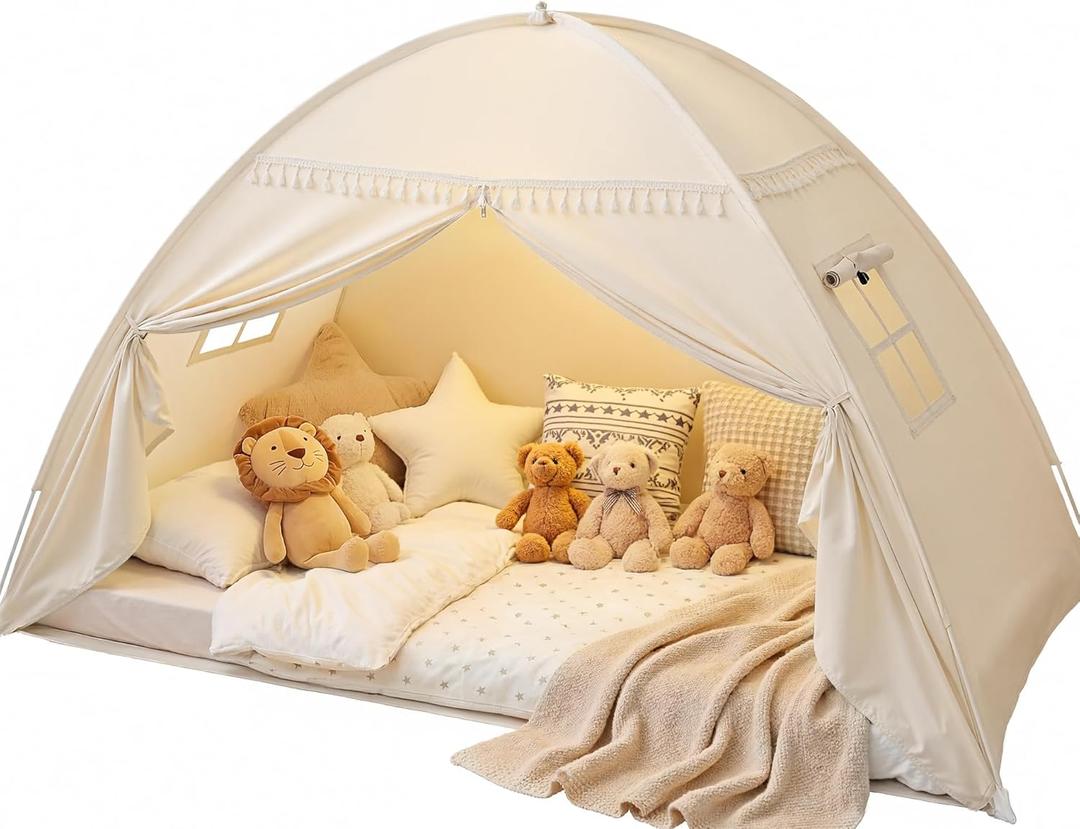Toddler bed Tent Canopy: Lights & Flags Indoor Floor Twin Bed Kids Tent Play Tent - Twin Bed Curtains - Girls & Boys Play House Bedroom Privacy Space Sleeping Tents Gifts Large Teepee Tent(Golden Beige) (75x40x46"(Suggested for Twin))