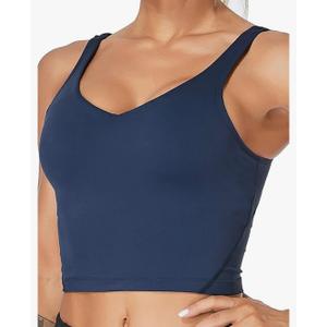 Oalka Sports Bra Womens Longline Padded Crop Tank Yoga Bras Workout Fitness Top (Navy Blue, XL)