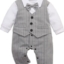 HMD Baby Boy Long Sleeve Gentleman White Shirt Waistcoat Bowtie Tuxedo Onesie Jumpsuit Overall Romper, Size 6-9 M