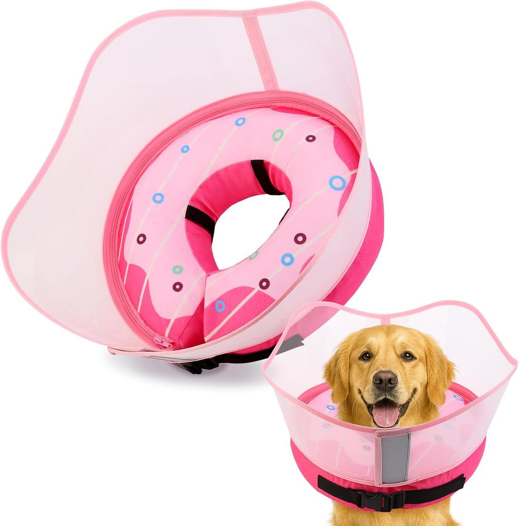 Soft Dog Cone Collar, Inflatable Cones Alternative After Surgery for Large/Medium/Small Dogs to Stop Licking, Elizabethan Neck Ecollars of Shame with Anti-Lick Shield, XL Comfy Pillow Recovery (Donut Pink)