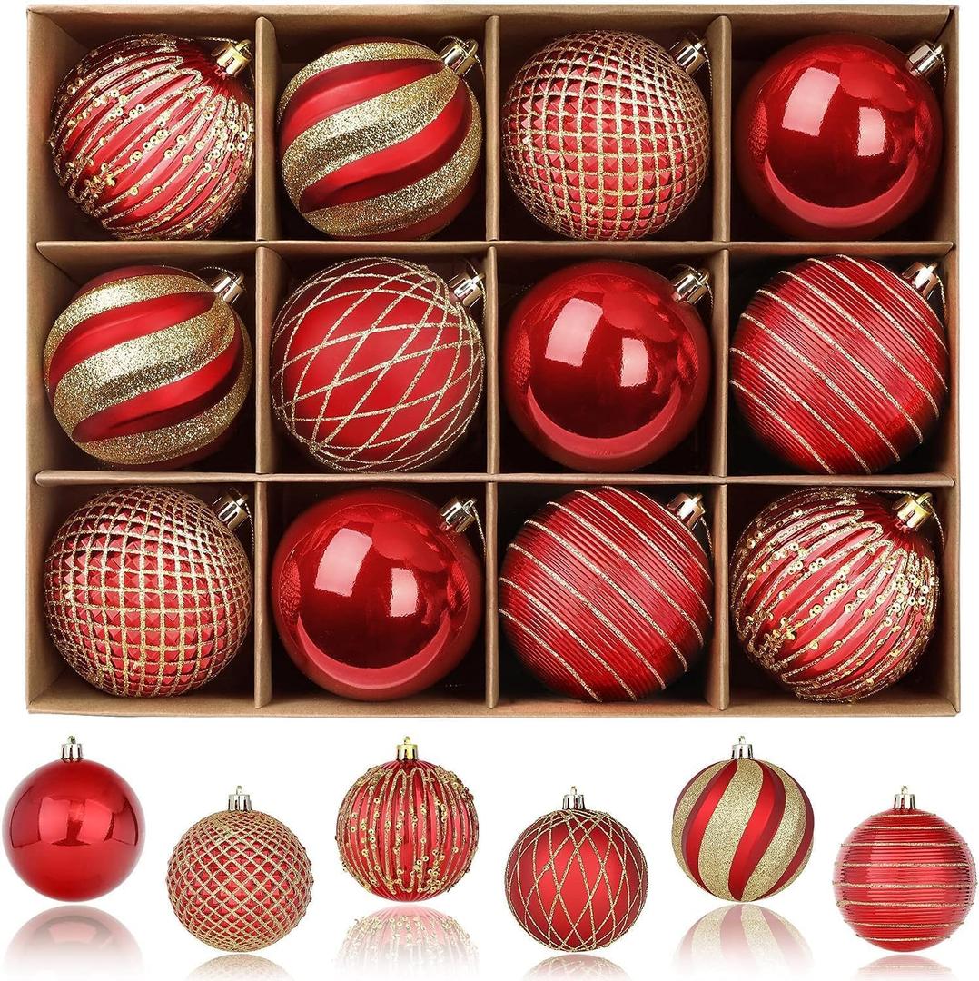 SHareconn 80mm Christmas Balls Ornaments,12PCS Colored Shatterproof Plastic Decorative Hanging Tree Decorations Baubles Set for Xmas Tree Decor Holiday Party Wedding Decoration with Lanyard,Red & Gold (8CM)