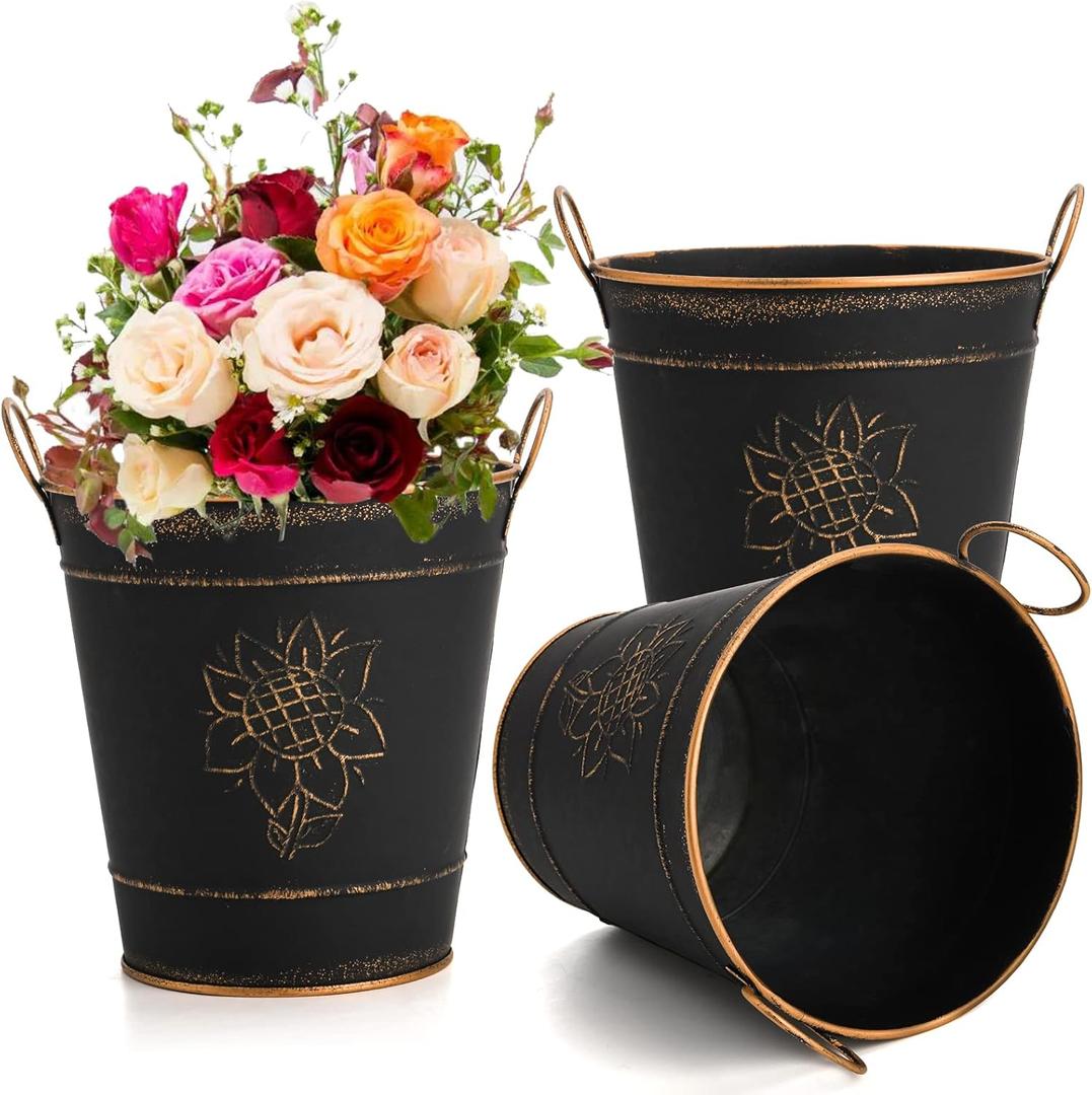 AVLA 3 Pack Galvanized Bucket, Rustic Farmhouse Metal Flower Vase, Vintage Plant Pot, Decorative Tin Pails with Handles for Wedding Decorations, Centerpieces, Home Decor, Garden Planter, 5.7 Inch
