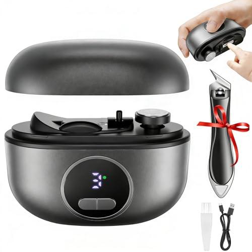 Electric Nail Clipper, 2-in-1 Improved Nail Clippers Set with LED Light & USB Rechargeable, 3 Speed Quiet & Nail Clip Storage for Baby Adults Seniors Thick Nails –Includes Oblique Nail Clippers (Grey)