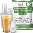 [16oz, 50 pack] Compostable Cups with Lids Eco plant based cups with strawless snap-fit sipper lids- Green Eco Friendly Alternative to Clear Plastic Cups with