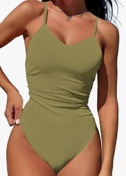 Women's One Piece Swimsuit Tummy Control Cutout Bathing Suit High Waist Ruched Retro Swimwear with O-Ring, Large