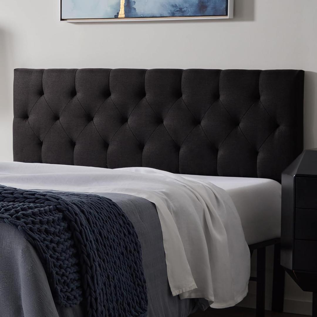 Lucid Mid-Rise Upholstered Headboard - Diamond Tufted - Padded Polyester - Adjustable Height from 34 to 46 - Easy Assembly - Bed Frame or Wall Mount - Sturdy - Black - Queen Size