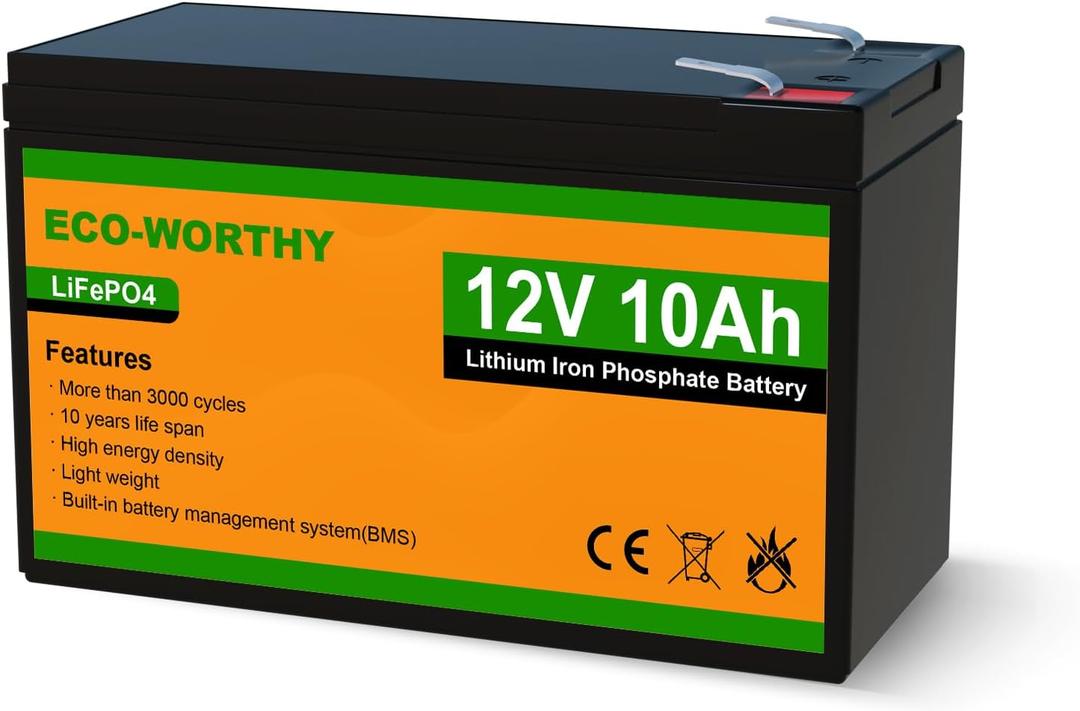 ECO-WORTHY 12V 10Ah Lithium LiFePO4 Deep Cycle Battery with 3000+ Cycles, Built-in BMS, Perfect for Fishfinder, Lighting, Power Wheels, Lawn Mower, Back Up Power