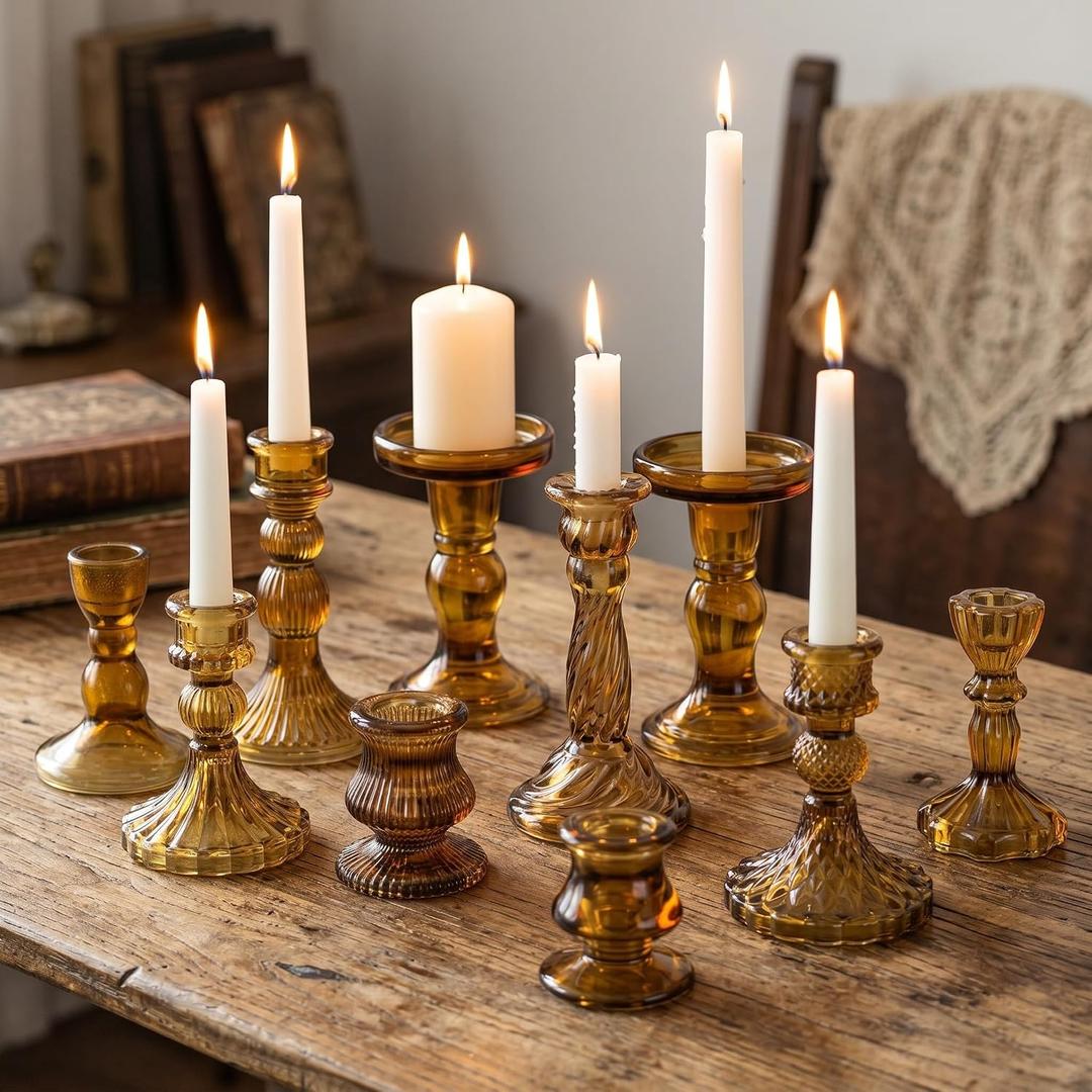 Mumufy 10 Pcs Glass Crystal Taper Candle Holders Clear Glass Candlestick Holder Fit 0.8 Inch Candles Crystal Decorative Candle Stand Centerpiece Table Wedding Dining Party (Classic, Brown)