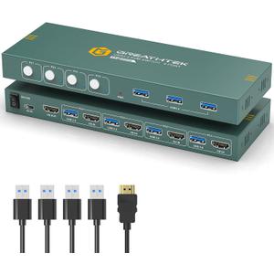 USB3.0 KVM Switch HDMI 4K@60Hz for 4 Computers Share 1 Monitor, KVM Switch 4 Port with 3 USB 3.0 Ports Share Keyboard Mouse, Support Button Switch, Plug and Play
