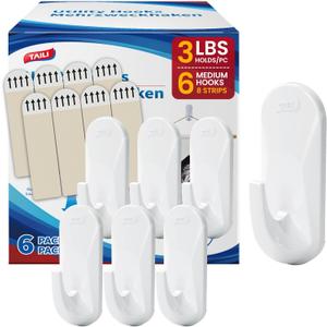 TAILI Hooks for Hanging,6 Plastic Sticky Hooks and 8 Adhesive Strips, White Utility Hooks for Painted Wall, No Damage Heavy Duty Holds up to 3 lb, Removable & Reusable for Door, Dorm, Clothes, Closet